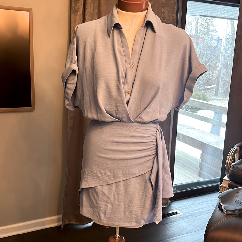 Blue blouson top shirt mini dress